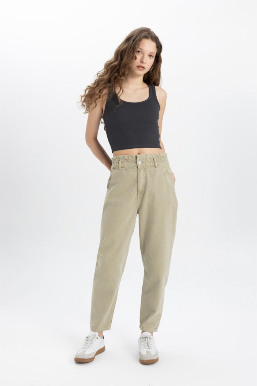 Женщины Светлый хаки Джинсы Paperbag  с высокой талией