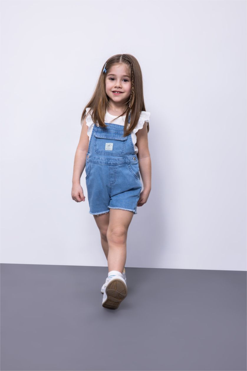 Baby Girl Light Blue Baby Girl Label Printed Denim Jumpsuit