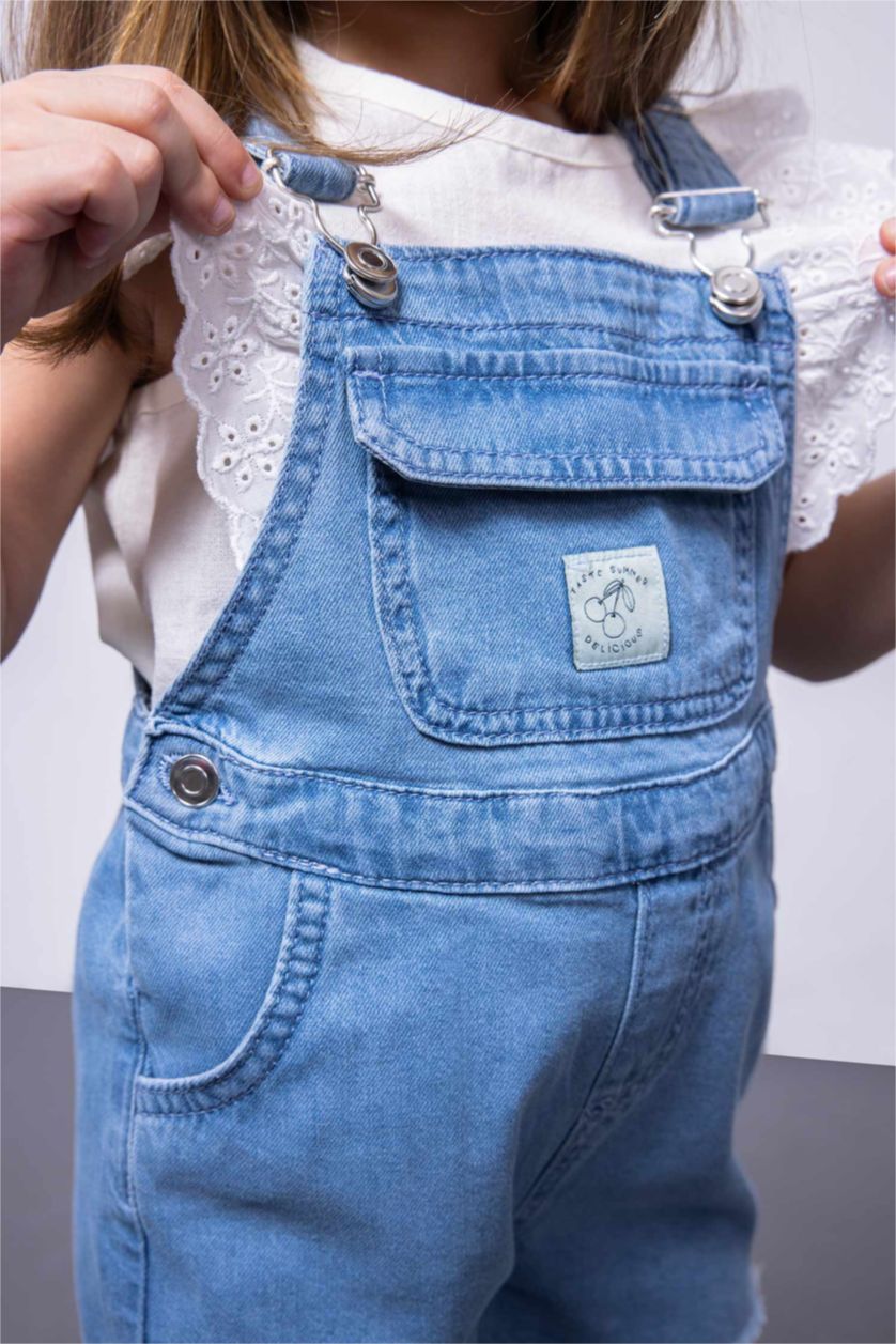 Baby Girl Light Blue Baby Girl Label Printed Denim Jumpsuit