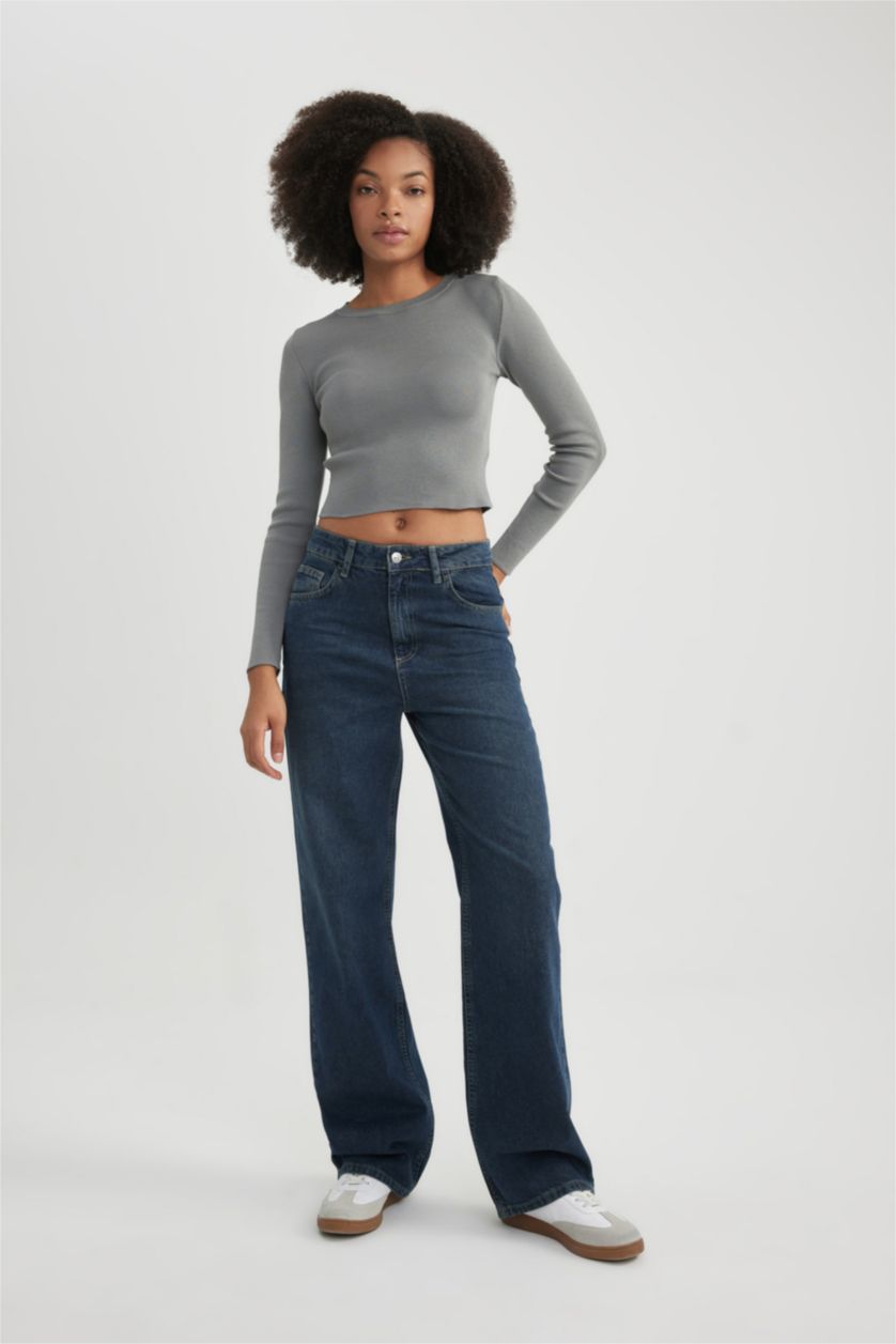 نساء أزرق بنطلون جينز وايد ليج برجل عريض وخصر عالي