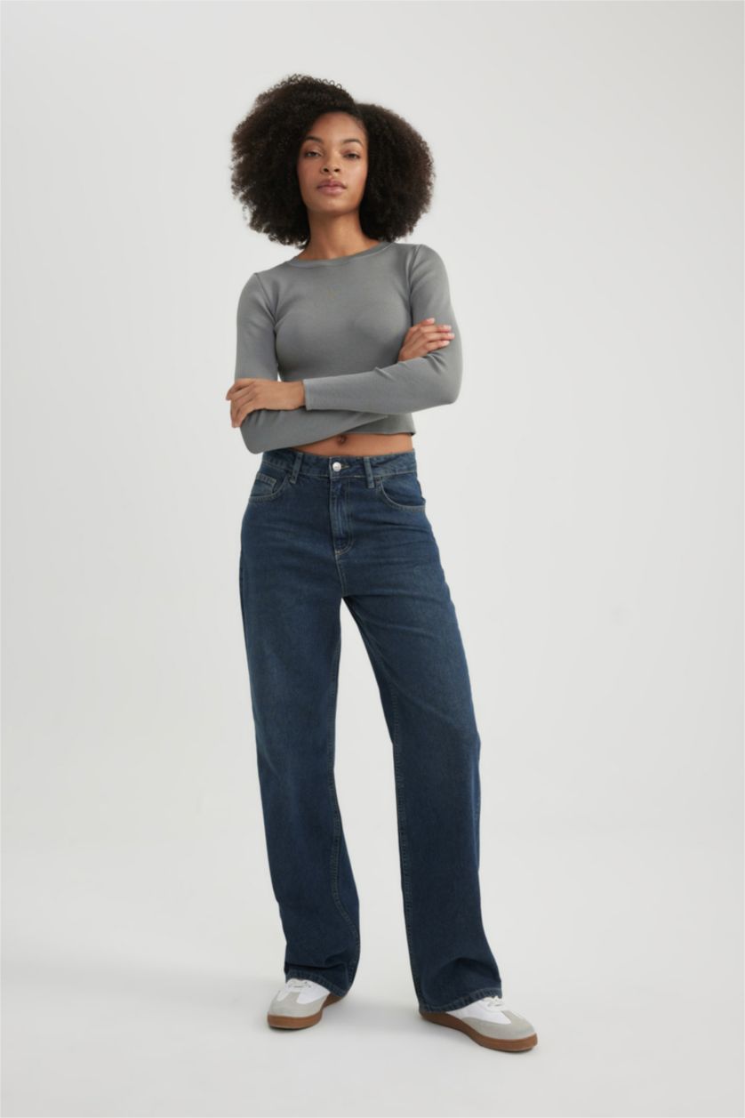 نساء أزرق بنطلون جينز وايد ليج برجل عريض وخصر عالي