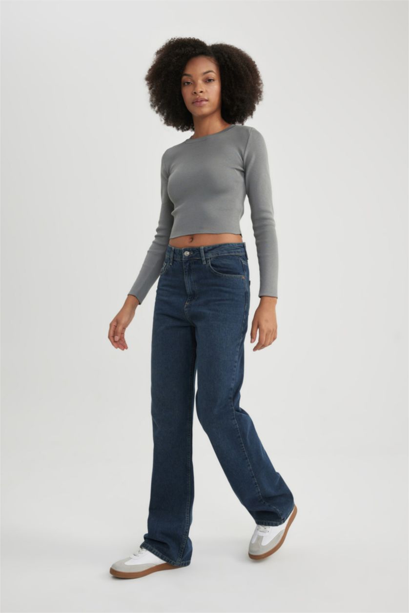 نساء أزرق بنطلون جينز وايد ليج برجل عريض وخصر عالي