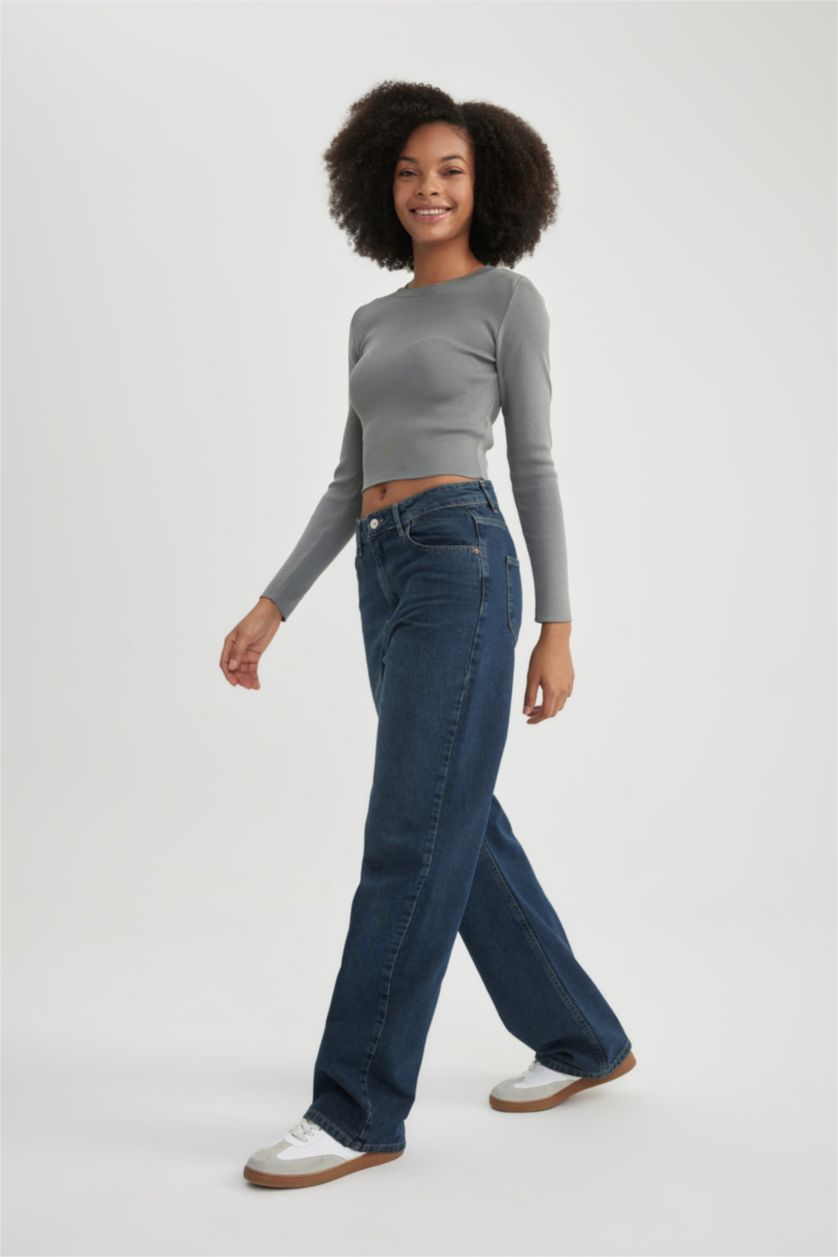 نساء أزرق بنطلون جينز وايد ليج برجل عريض وخصر عالي