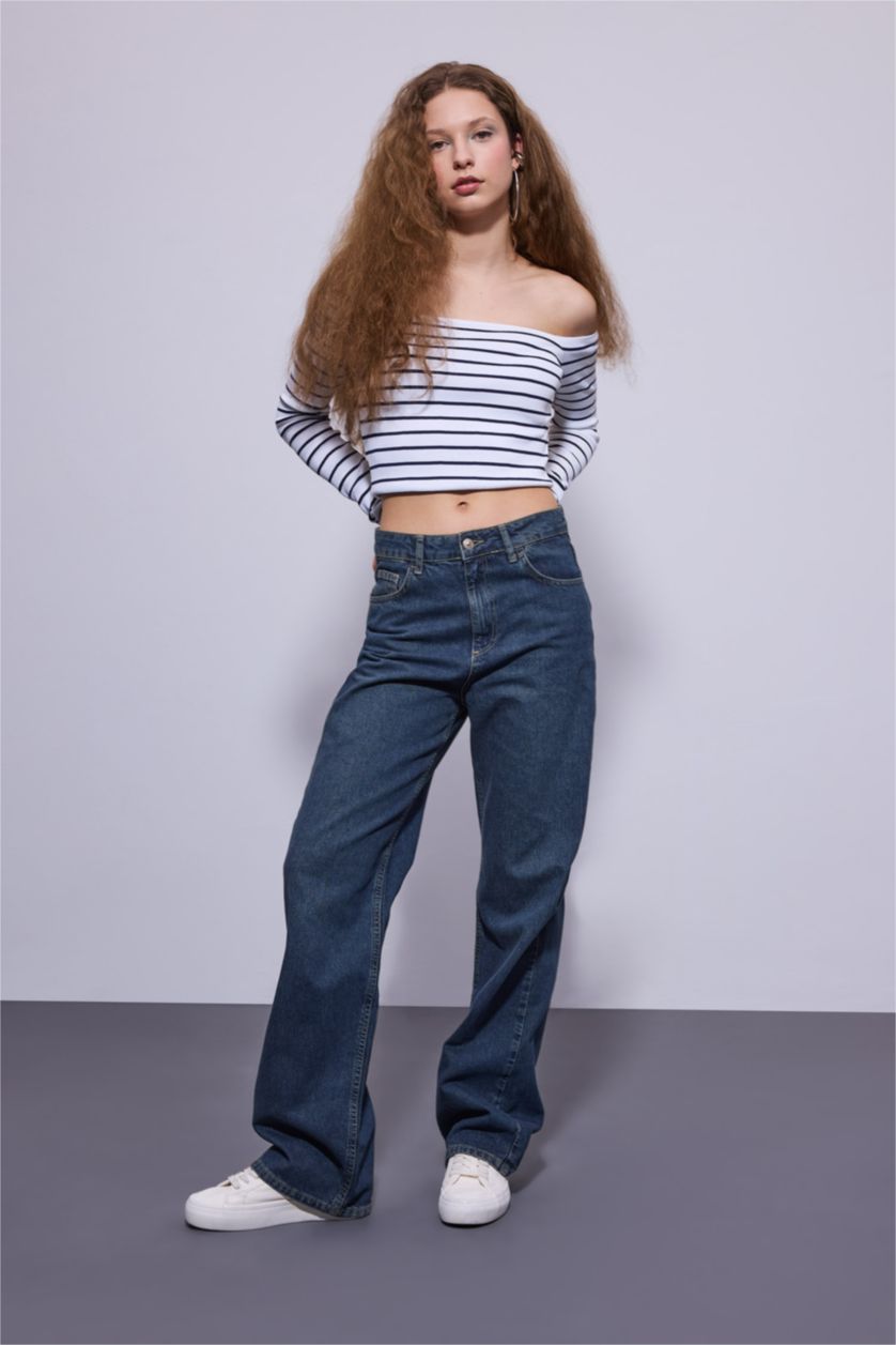 نساء أزرق بنطلون جينز وايد ليج برجل عريض وخصر عالي