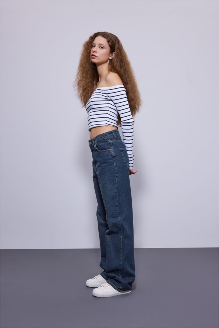 نساء أزرق بنطلون جينز وايد ليج برجل عريض وخصر عالي