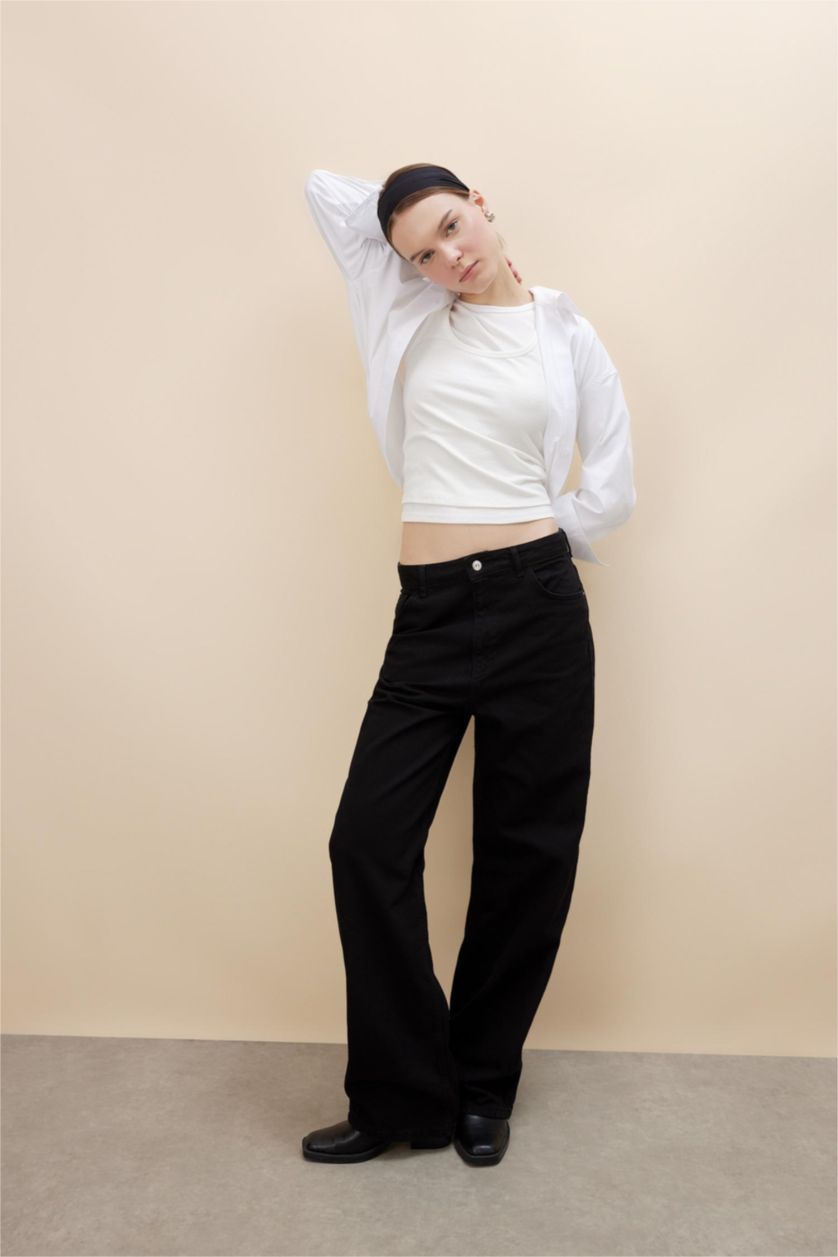 Kadın Siyah 90's Wide Leg Yüksek Bel Geniş Paça Uzun Jean Pantolon