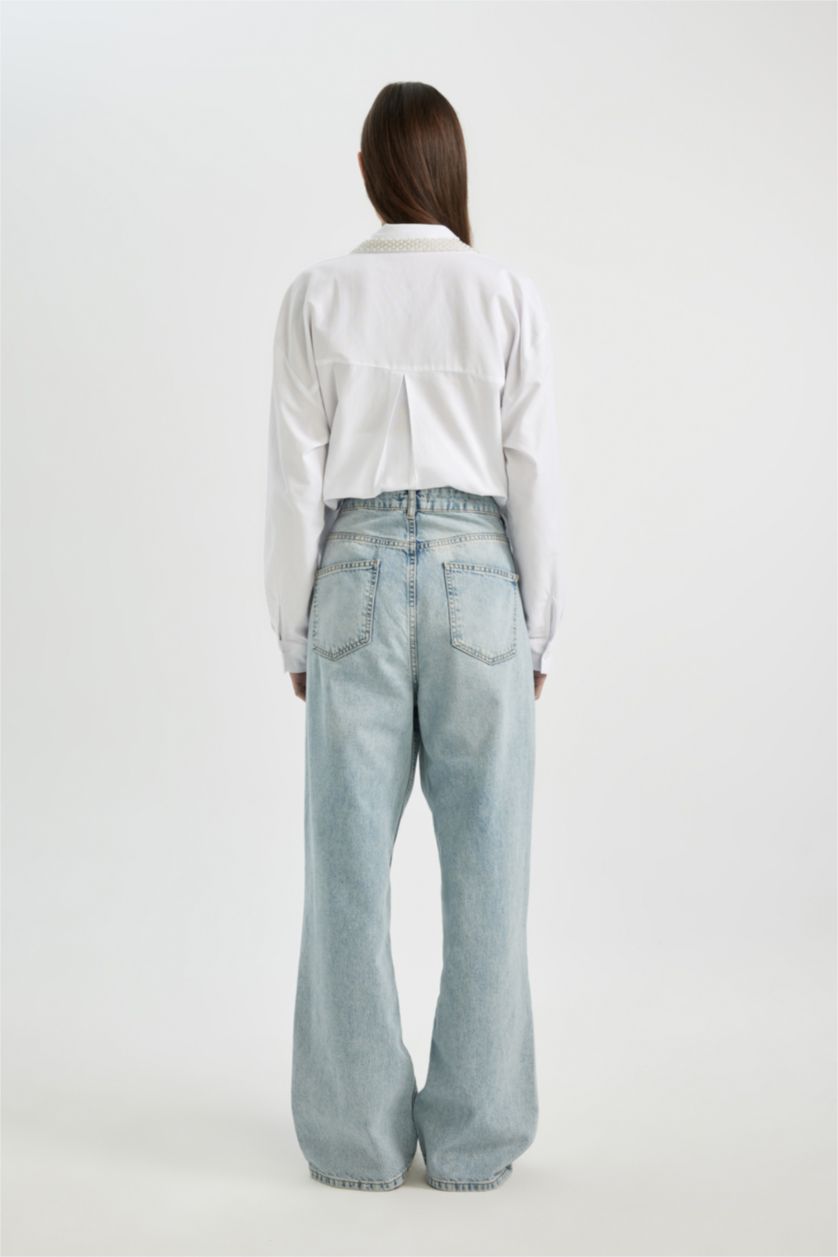 Kadın Açık Mavi 90's Wide Leg Yüksek Bel Geniş Bol Paça Uzun Jean Pantolon