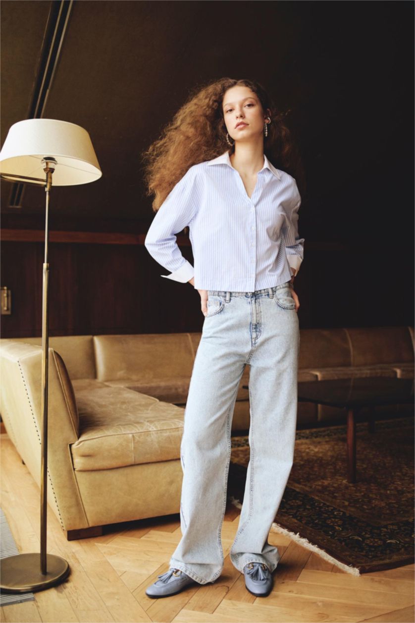 Kadın Açık Mavi 90's Wide Leg Yüksek Bel Geniş Bol Paça Uzun Jean Pantolon