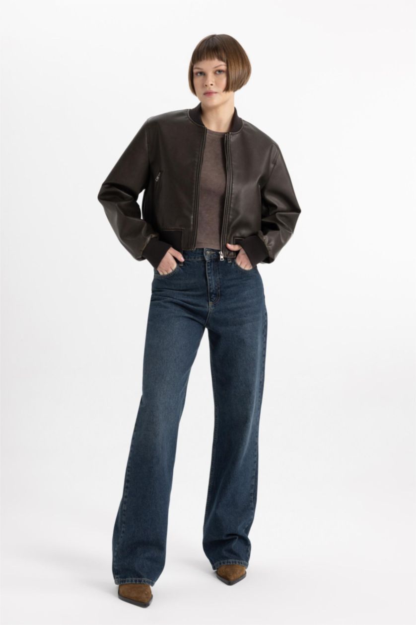 Kadın Açık Kahve Kolej Yaka Çıtçıtlı Cepli Eskitme Suni Deri Bomber Ceket