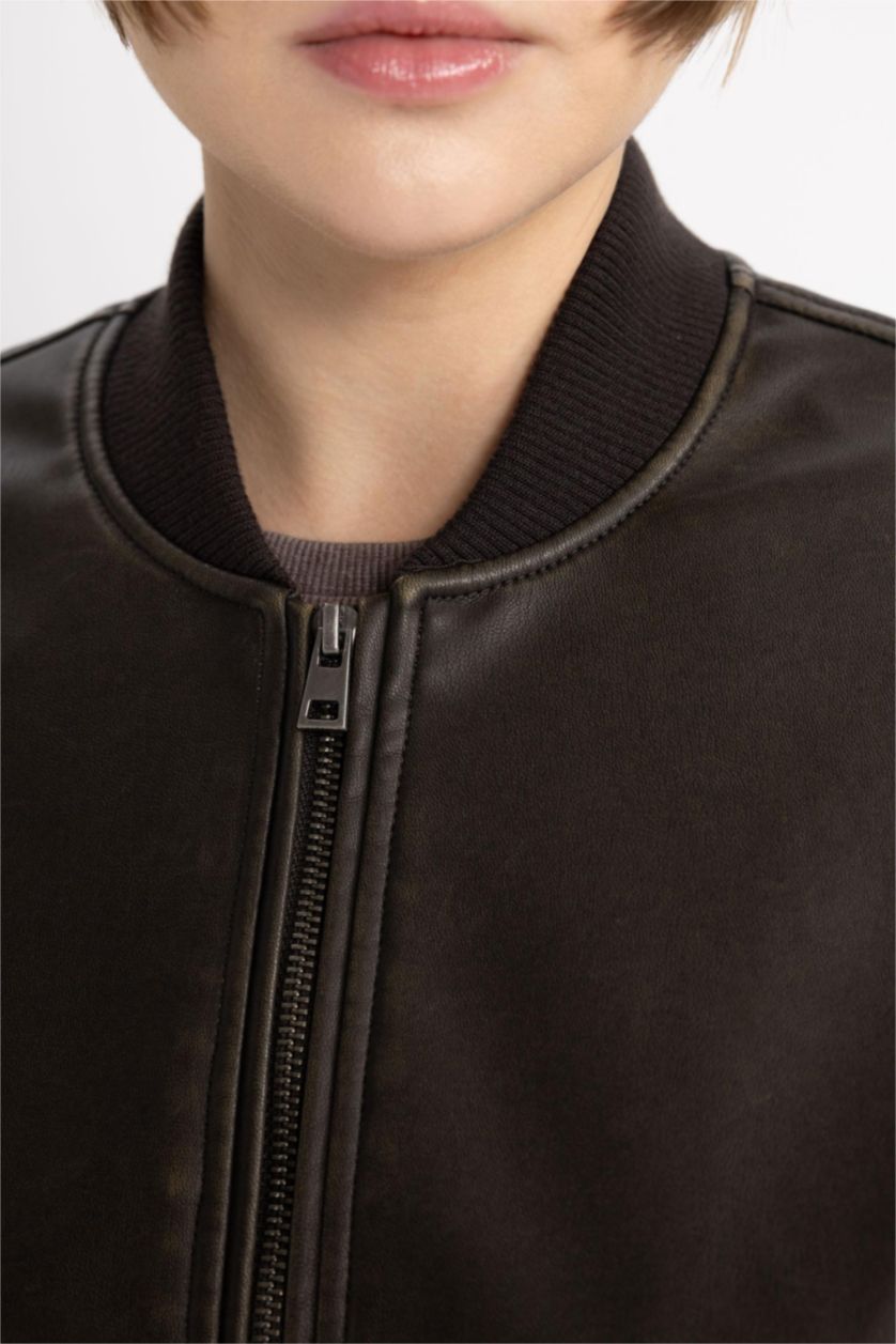 Kadın Açık Kahve Kolej Yaka Çıtçıtlı Cepli Eskitme Suni Deri Bomber Ceket