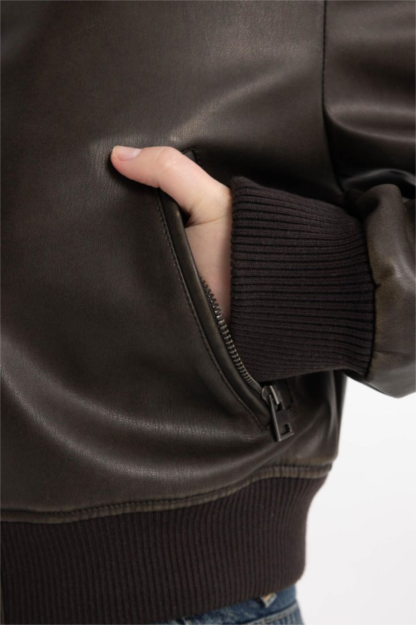 Kadın Açık Kahve Kolej Yaka Çıtçıtlı Cepli Eskitme Suni Deri Bomber Ceket