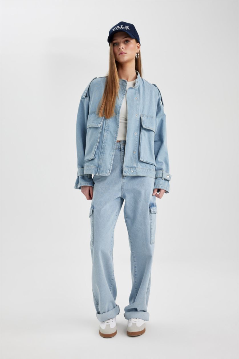 نساء أزرق فاتح بنطرون جينز كارجو ولادي برجل واسع وخصر عالي