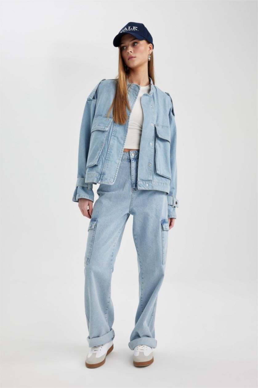 نساء أزرق فاتح بنطرون جينز كارجو ولادي برجل واسع وخصر عالي