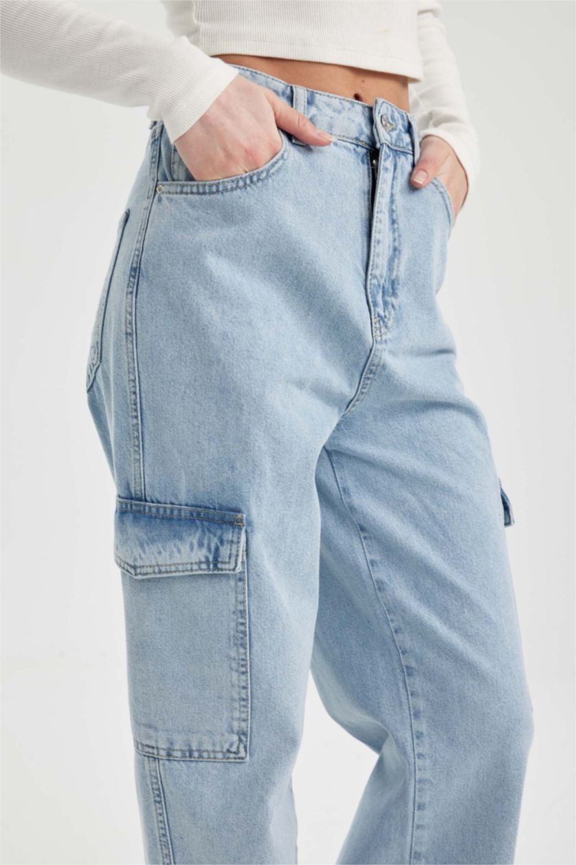 نساء أزرق فاتح بنطرون جينز كارجو ولادي برجل واسع وخصر عالي