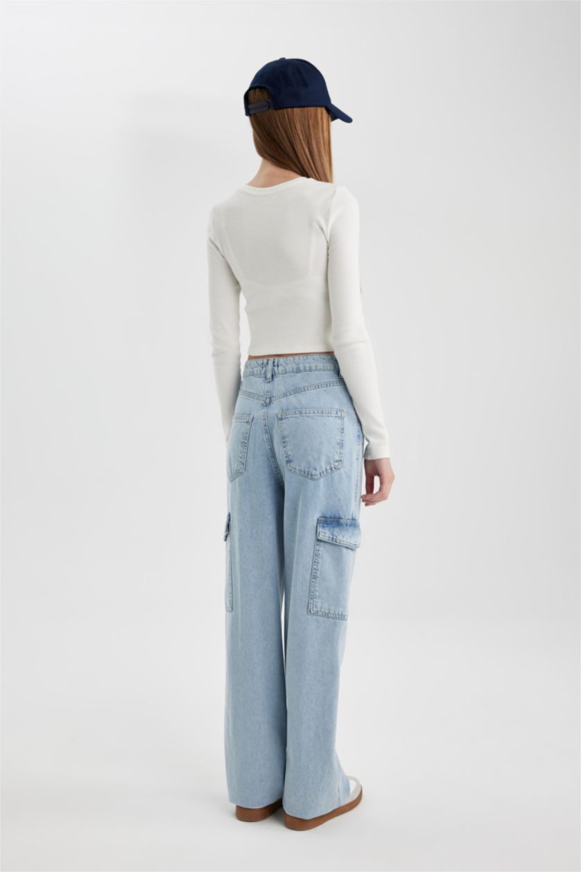 نساء أزرق فاتح بنطرون جينز كارجو ولادي برجل واسع وخصر عالي