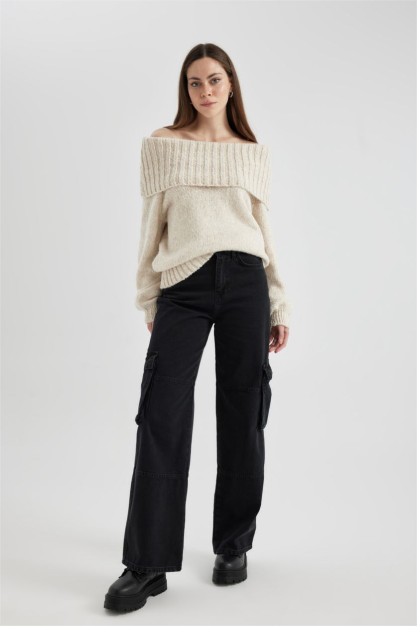 حريمي أسود بنطلون جينز كارجو قصة مستقيمة وخصر عالي