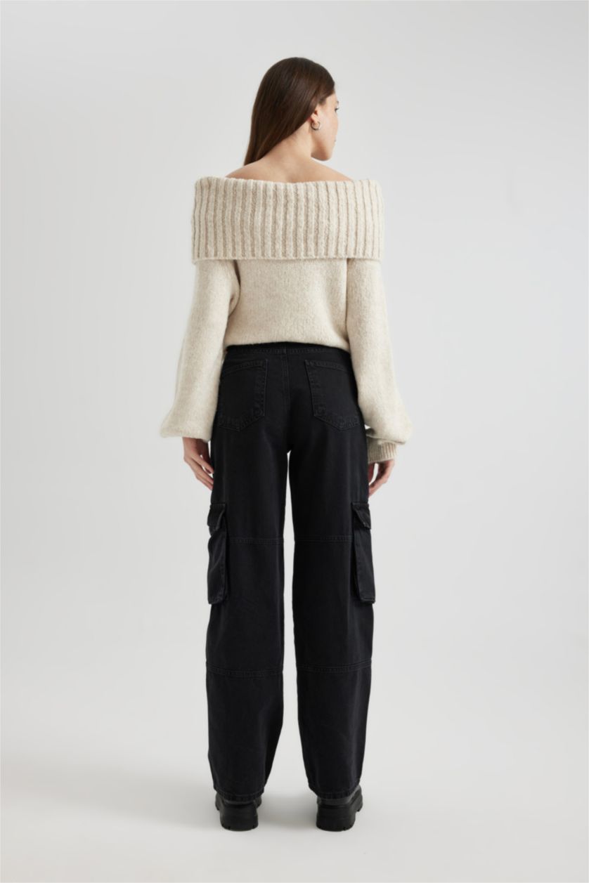 حريمي أسود بنطلون جينز كارجو قصة مستقيمة وخصر عالي