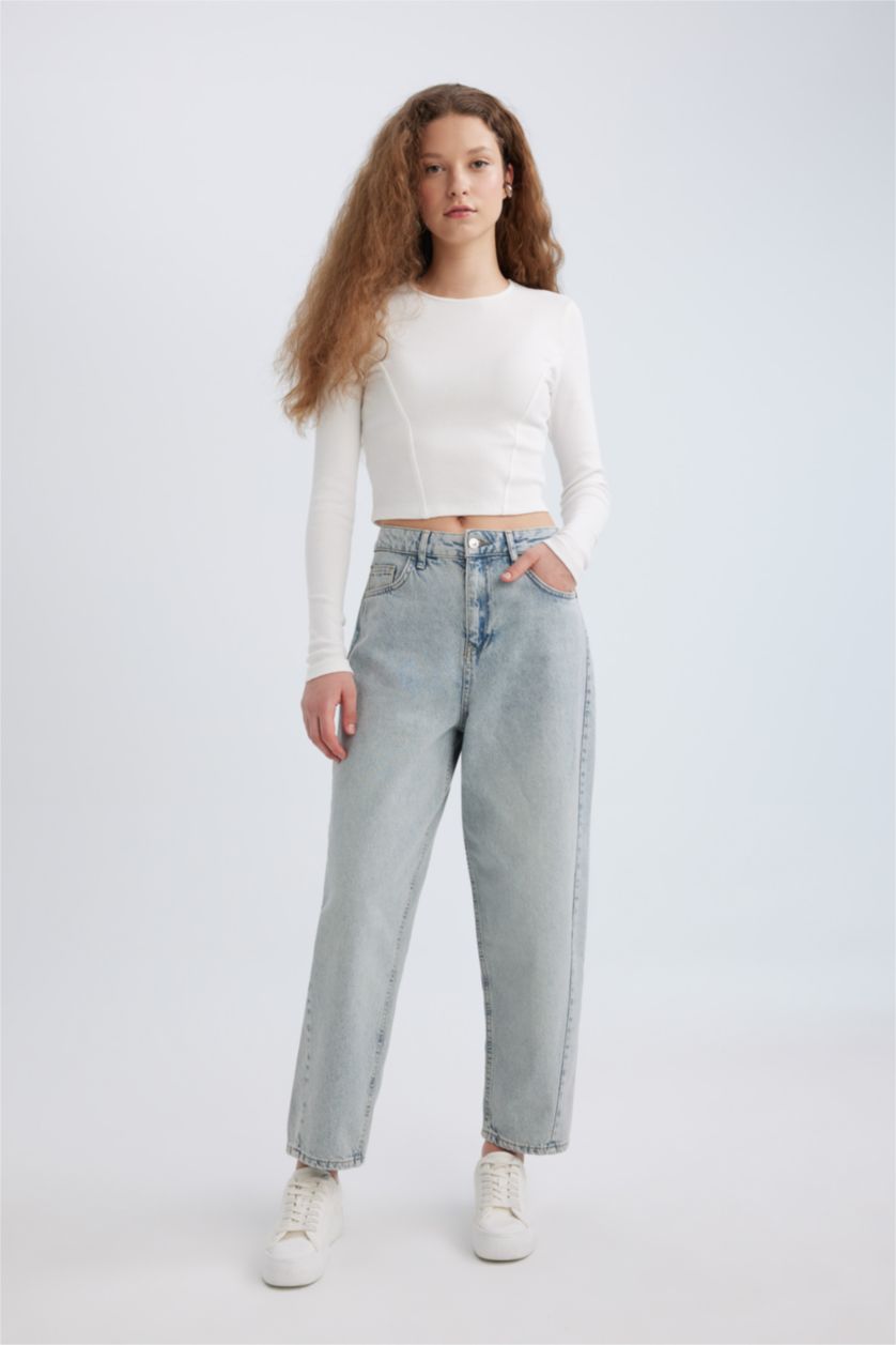 FEMME Indigo Clair Pantalon Coupe Carrot Lavé à La Cheville à Taille Haute