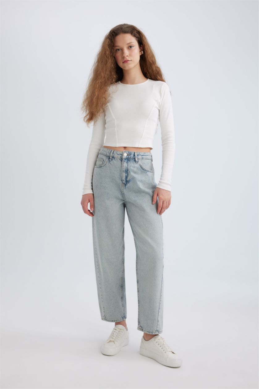 FEMME Indigo Clair Pantalon Coupe Carrot Lavé à La Cheville à Taille Haute