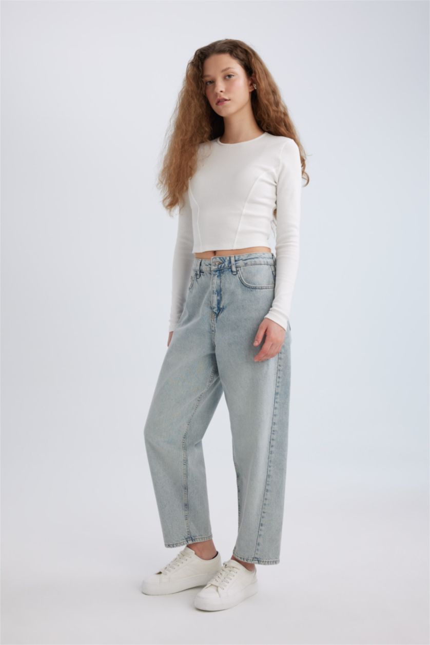 FEMME Indigo Clair Pantalon Coupe Carrot Lavé à La Cheville à Taille Haute