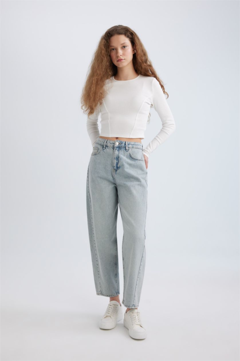 FEMME Indigo Clair Pantalon Coupe Carrot Lavé à La Cheville à Taille Haute