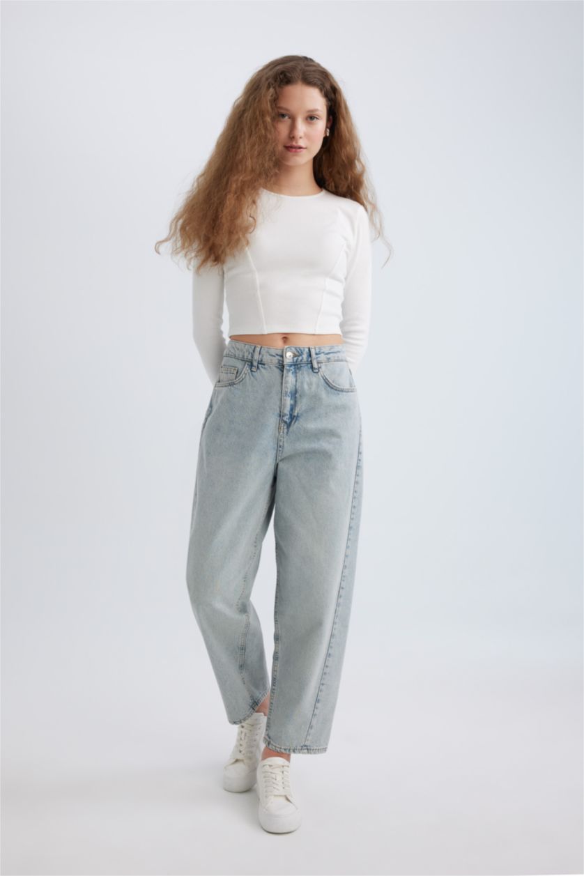 FEMME Indigo Clair Pantalon Coupe Carrot Lavé à La Cheville à Taille Haute