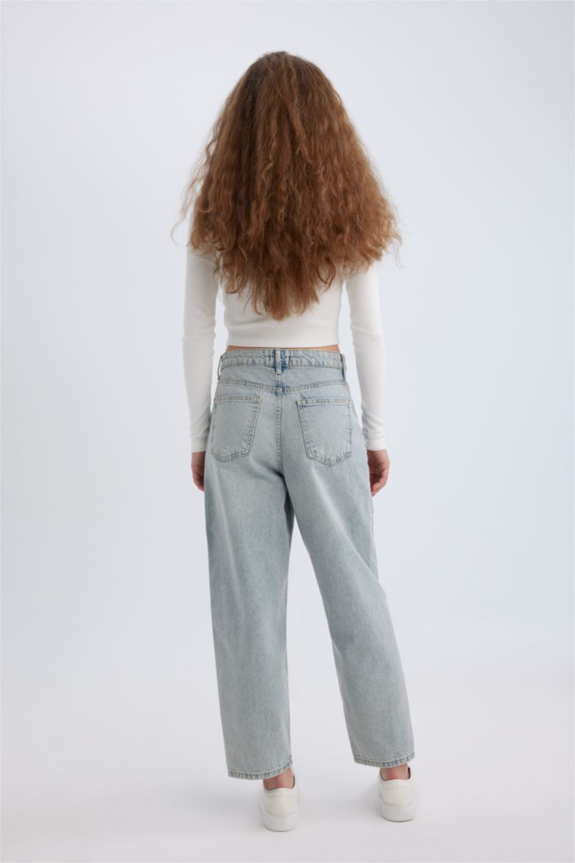 FEMME Indigo Clair Pantalon Coupe Carrot Lavé à La Cheville à Taille Haute