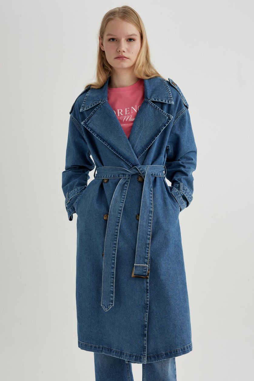 حريمي نيلي فاتح جاكيت جينز طويل بحزام