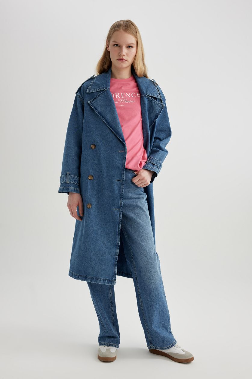 حريمي نيلي فاتح جاكيت جينز طويل بحزام