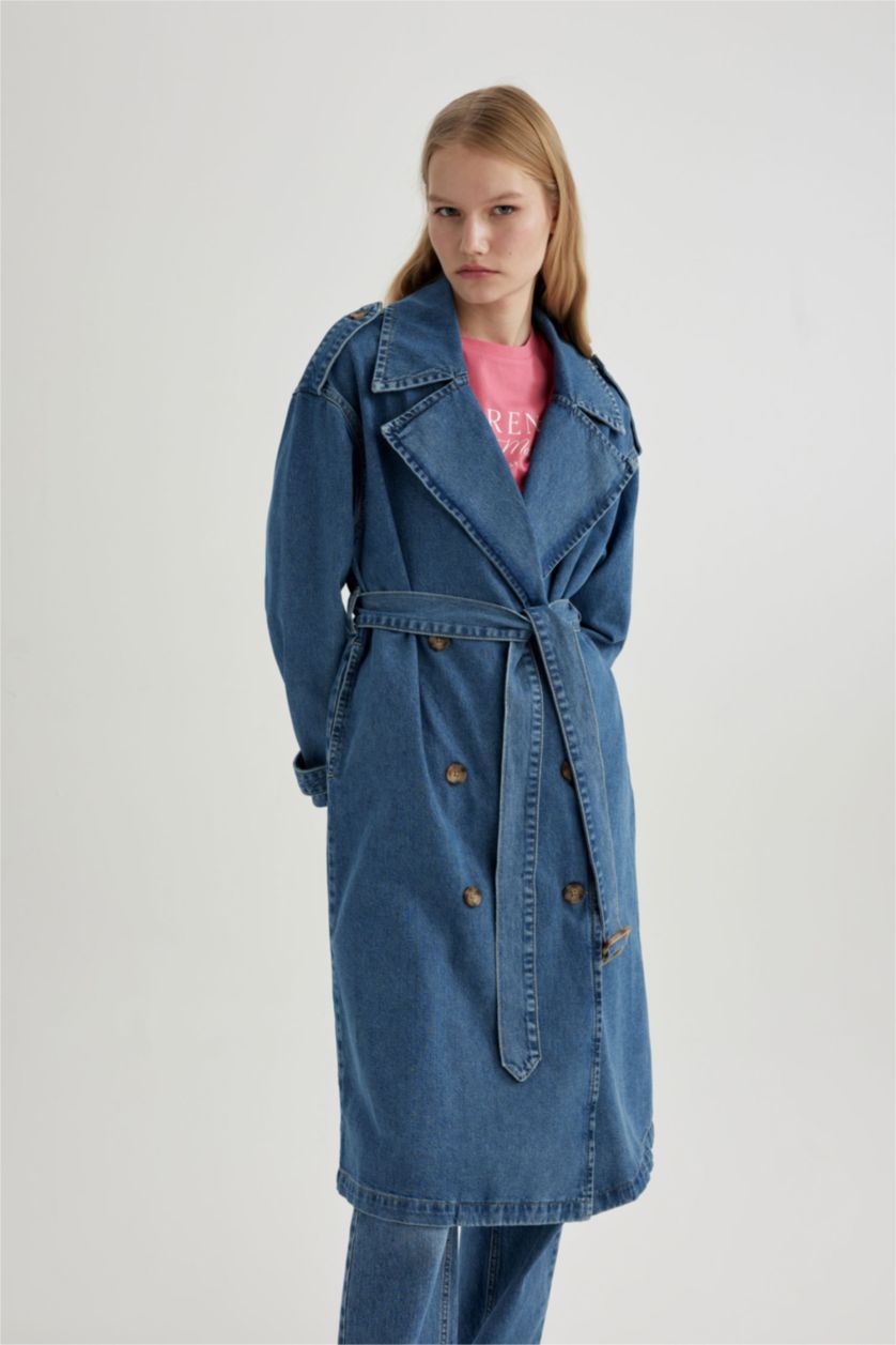 حريمي نيلي فاتح جاكيت جينز طويل بحزام