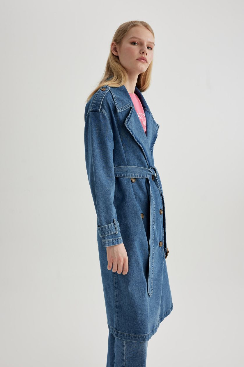 حريمي نيلي فاتح جاكيت جينز طويل بحزام