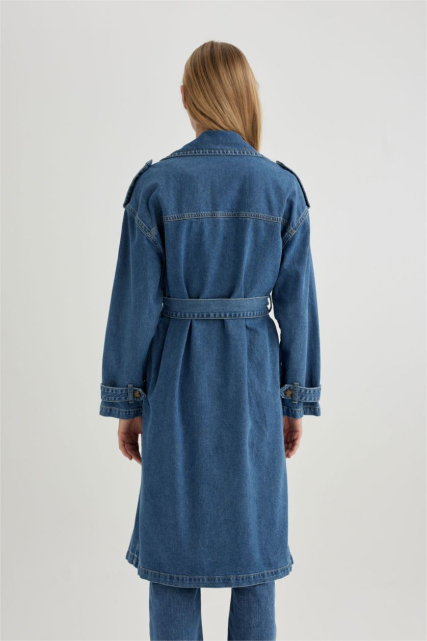 حريمي نيلي فاتح جاكيت جينز طويل بحزام