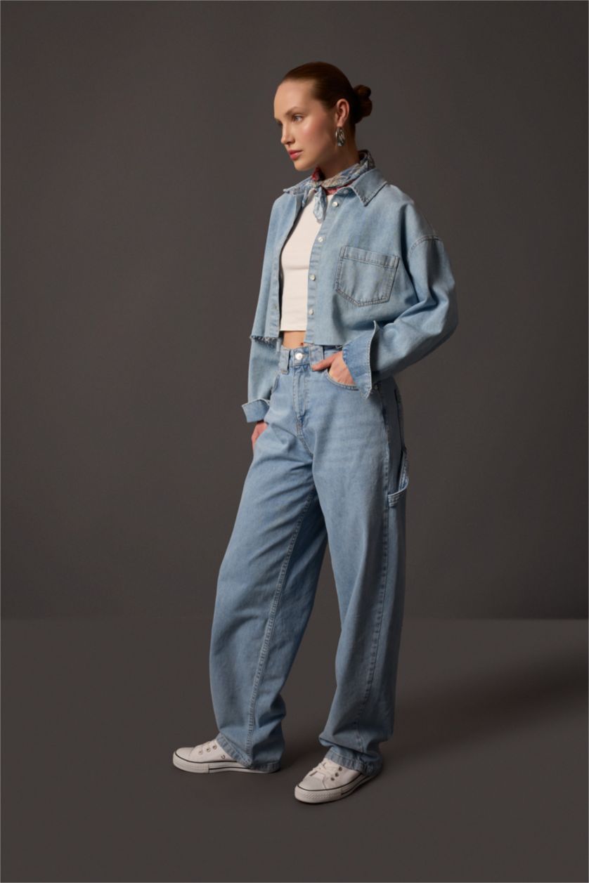 Woman Light Indigo Crop Soft Denim Shirt