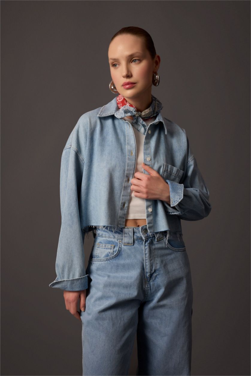 Woman Light Indigo Crop Soft Denim Shirt
