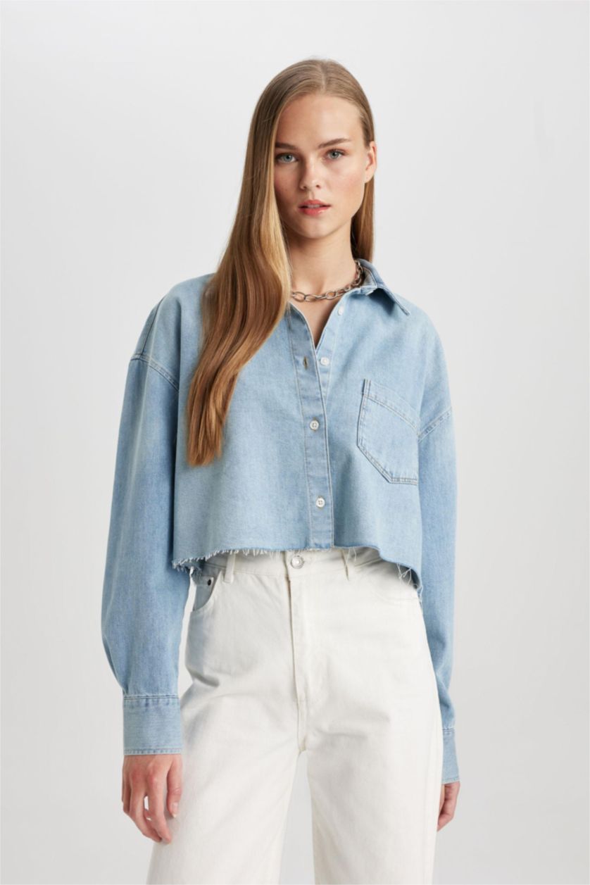 Woman Light Indigo Crop Soft Denim Shirt