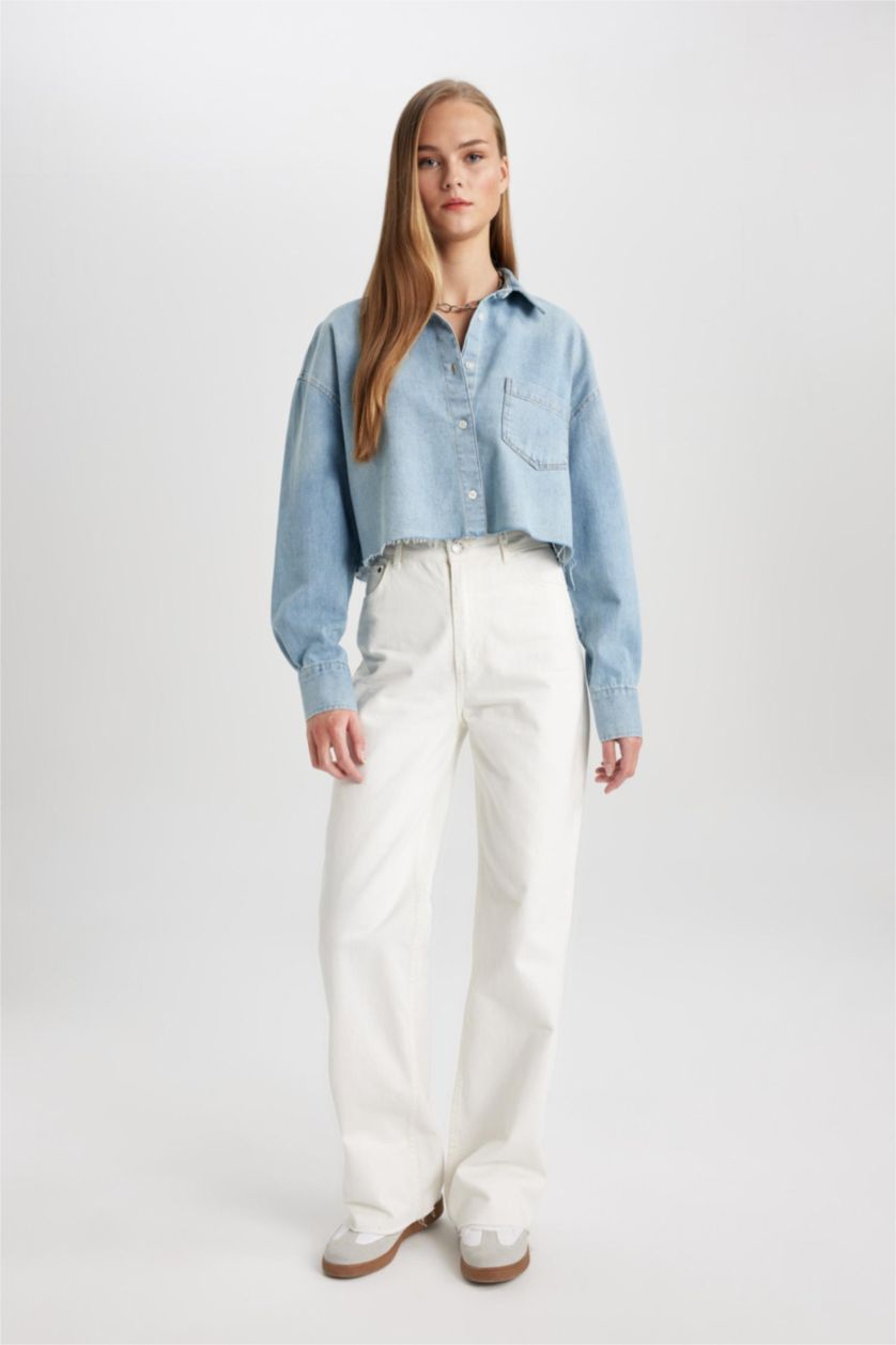 Woman Light Indigo Crop Soft Denim Shirt