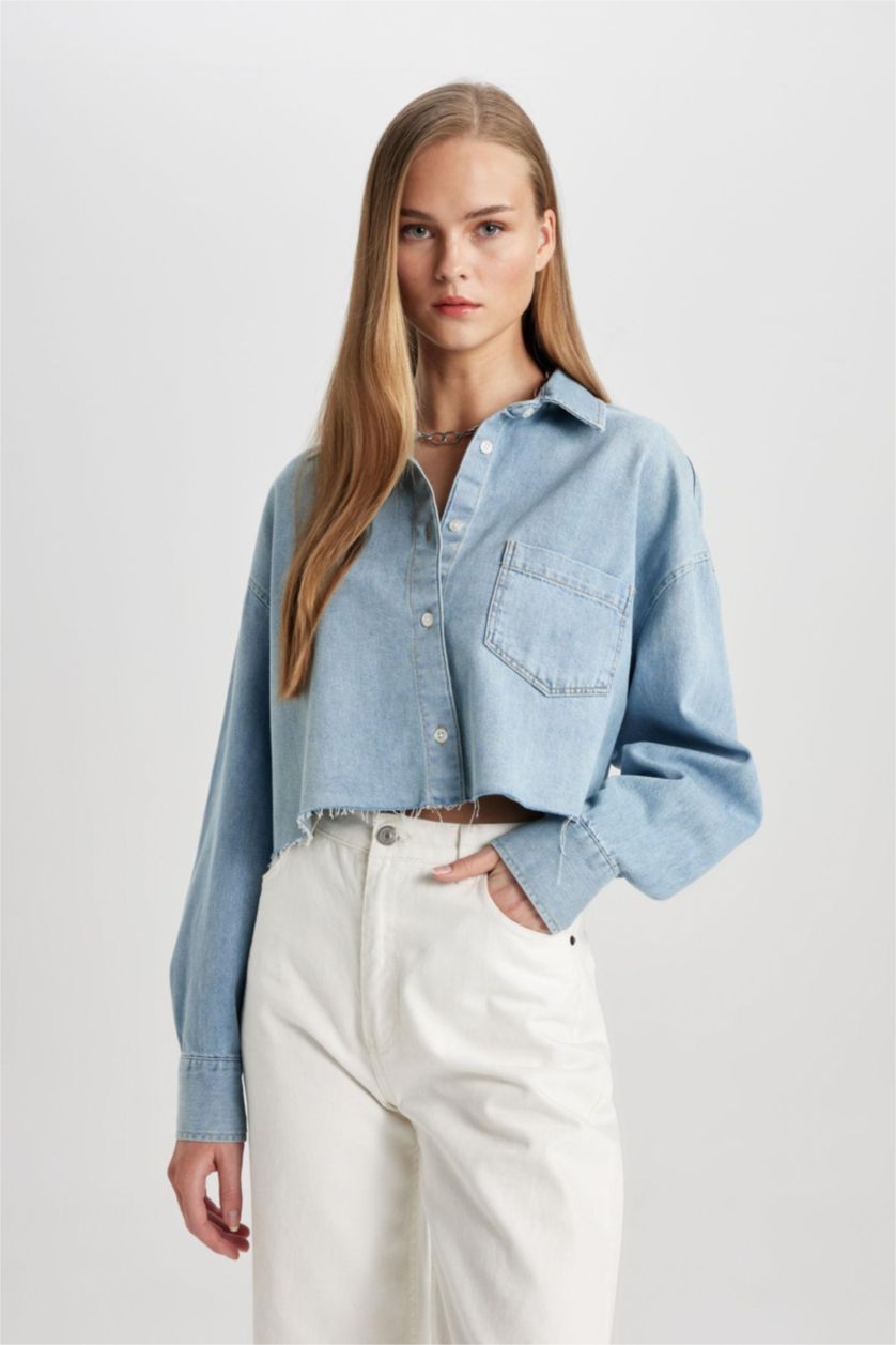 Woman Light Indigo Crop Soft Denim Shirt