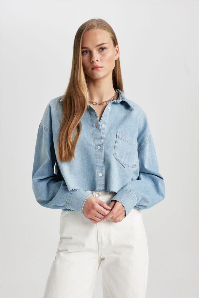 Woman Light Indigo Crop Soft Denim Shirt