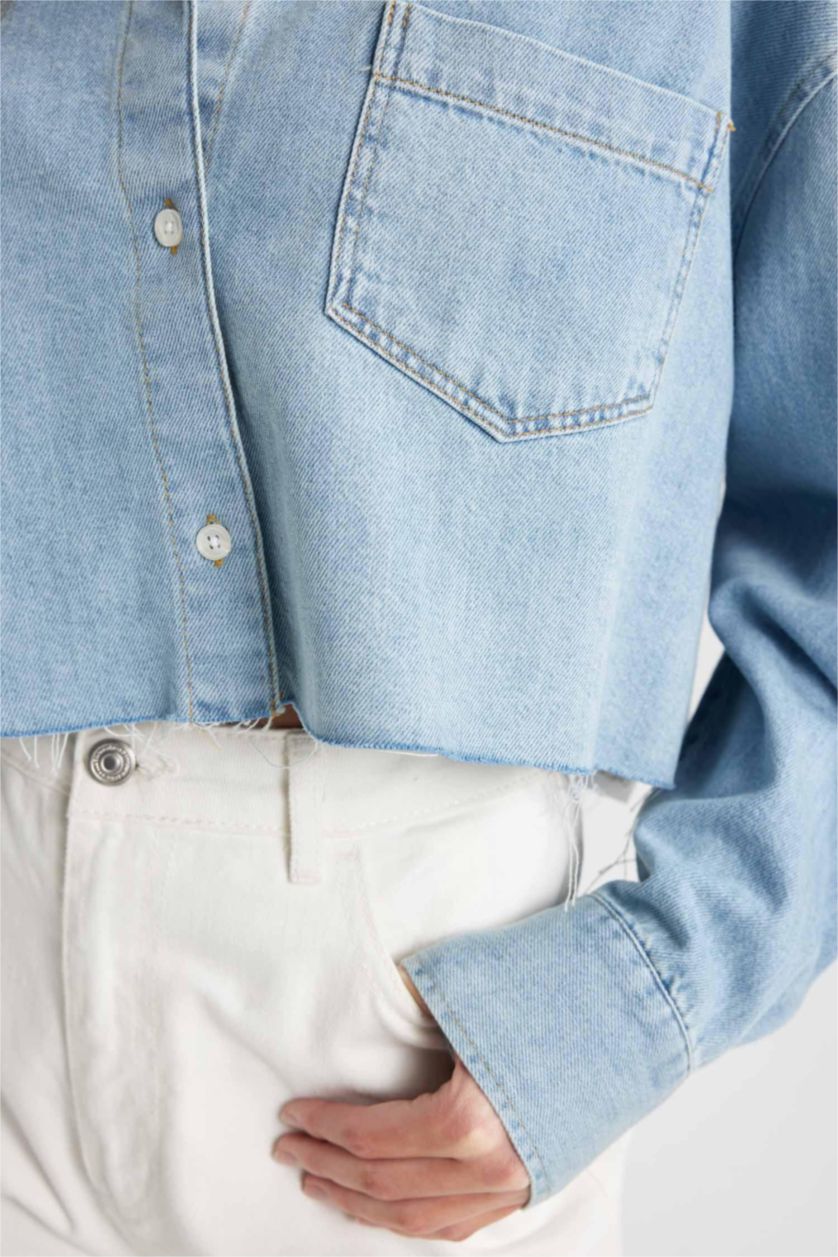 Woman Light Indigo Crop Soft Denim Shirt
