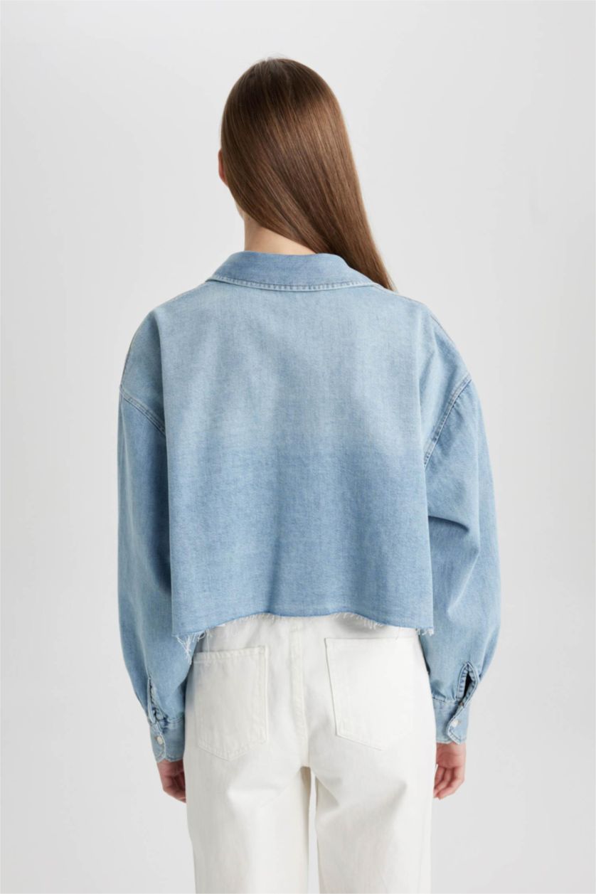 Woman Light Indigo Crop Soft Denim Shirt