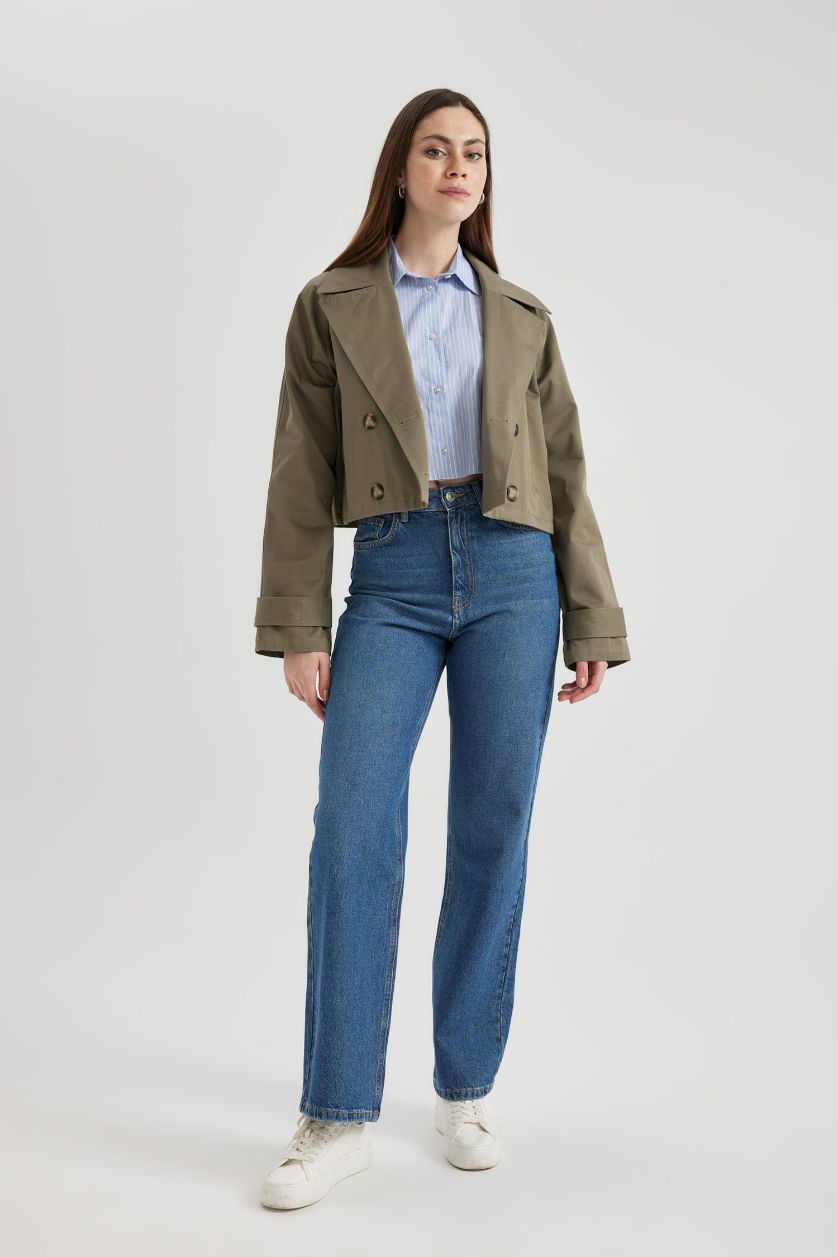 Kadın Haki Mevsimlik Kısa Trençkot Kruvaze Yaka Düğmeli Apoletli