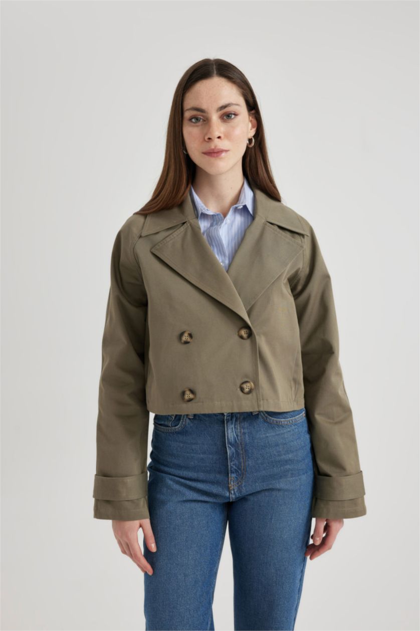 Kadın Haki Mevsimlik Kısa Trençkot Kruvaze Yaka Düğmeli Apoletli
