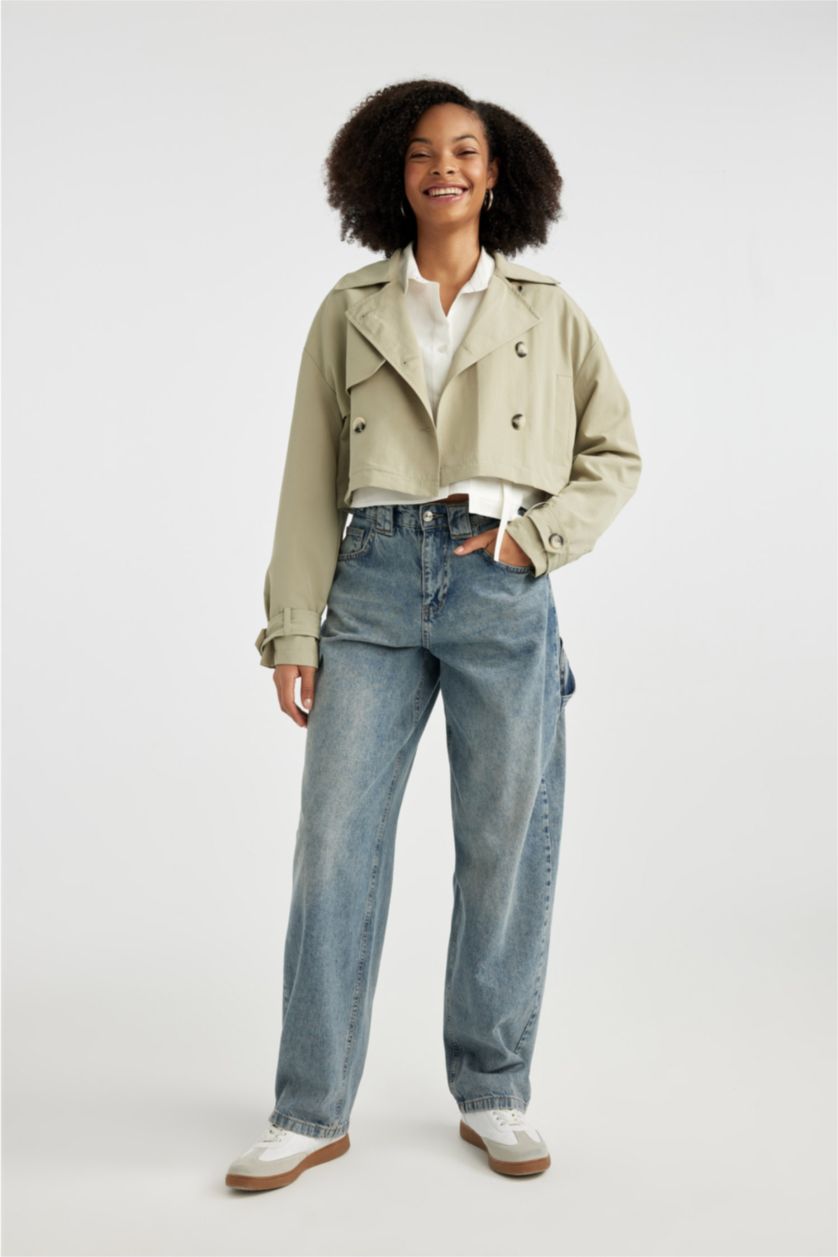 نساء كاكي فاتح ترانش كوت كروب قصير قصة عادية