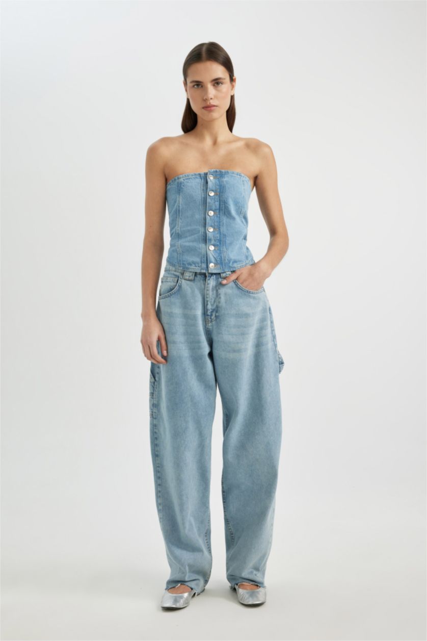 نساء نيلي فاتح بلوز جينز بدون حمالات