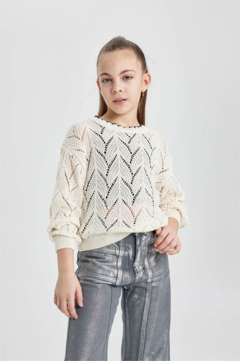 GIRLS & TEENS Ecru Girl Regular Fit Crew Neck Pullover