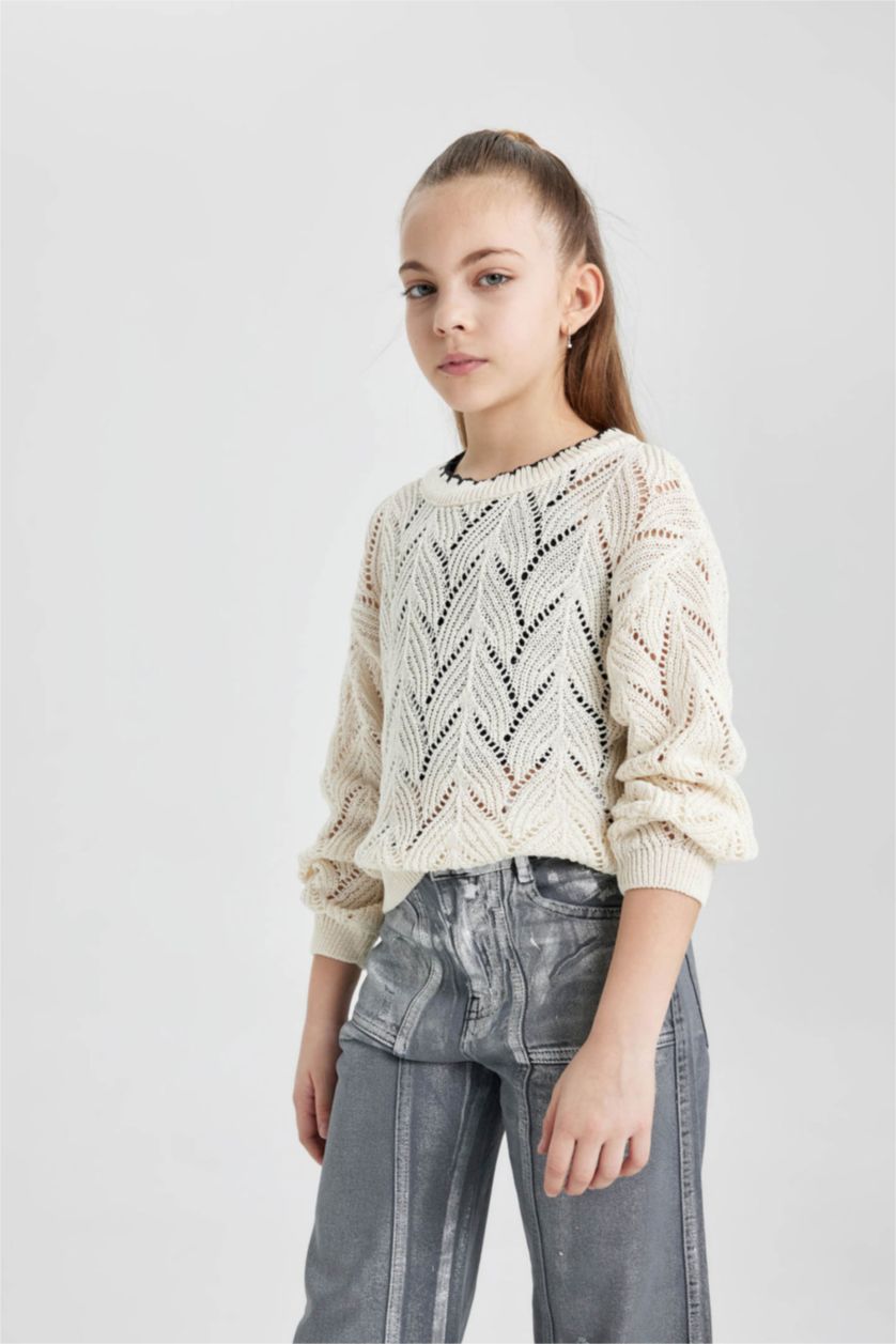 GIRLS & TEENS Ecru Girl Regular Fit Crew Neck Pullover