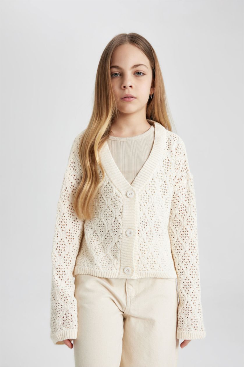 Girls & Teens Ecru Girl V-Neck Cardigan