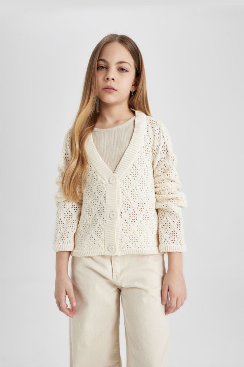 Girls & Teens Ecru Girl V-Neck Cardigan