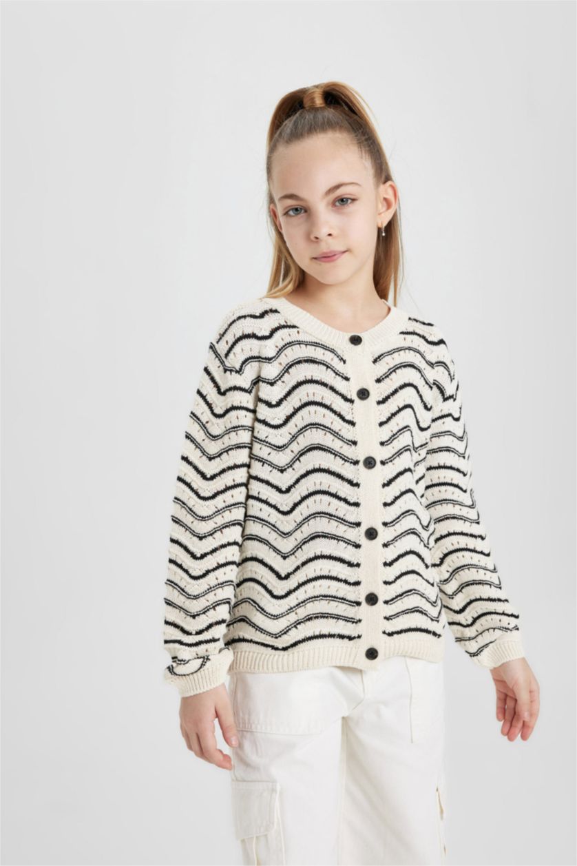 GIRLS & TEENS Ecru Regular Fit Crew Neck Cardigan