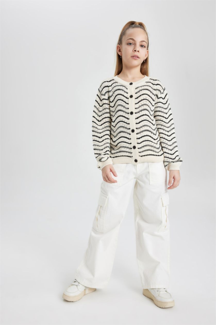 GIRLS & TEENS Ecru Regular Fit Crew Neck Cardigan